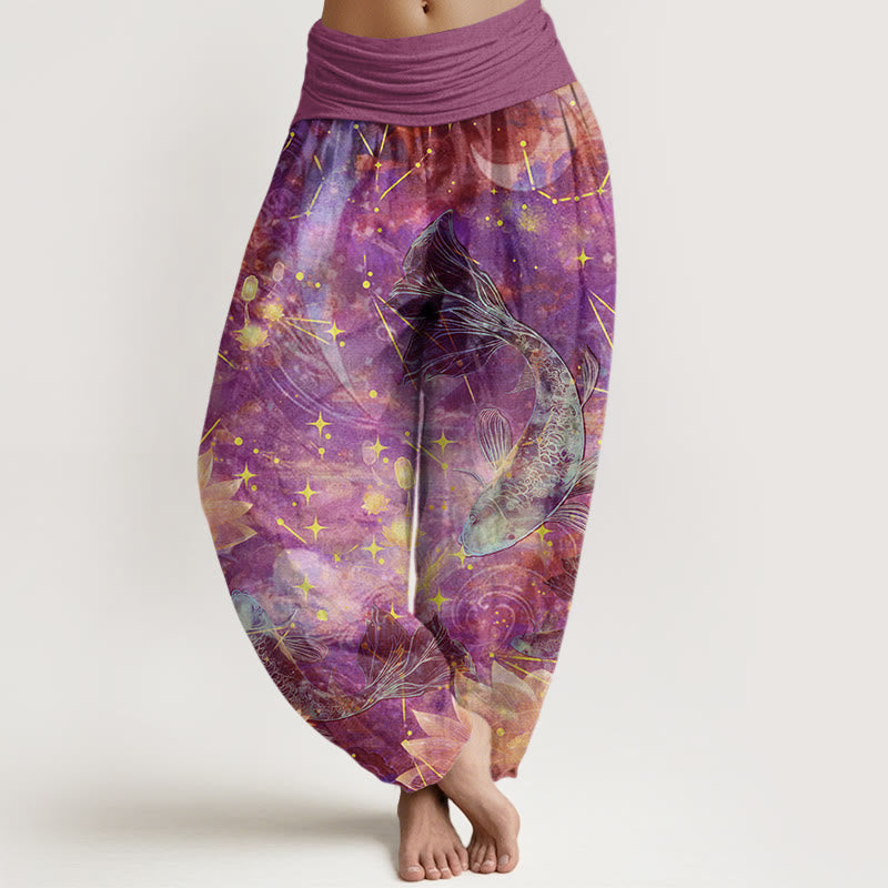 Cotton Koi Fish Lotus Moon Stars Pattern Women's Elastic Waist Harem Pants