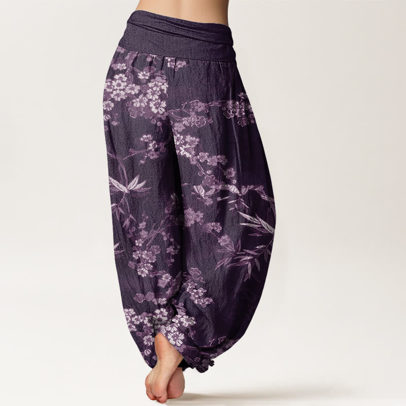 Cotton White Sakura Flower Pattern Women's Elastic Waist Harem Pants