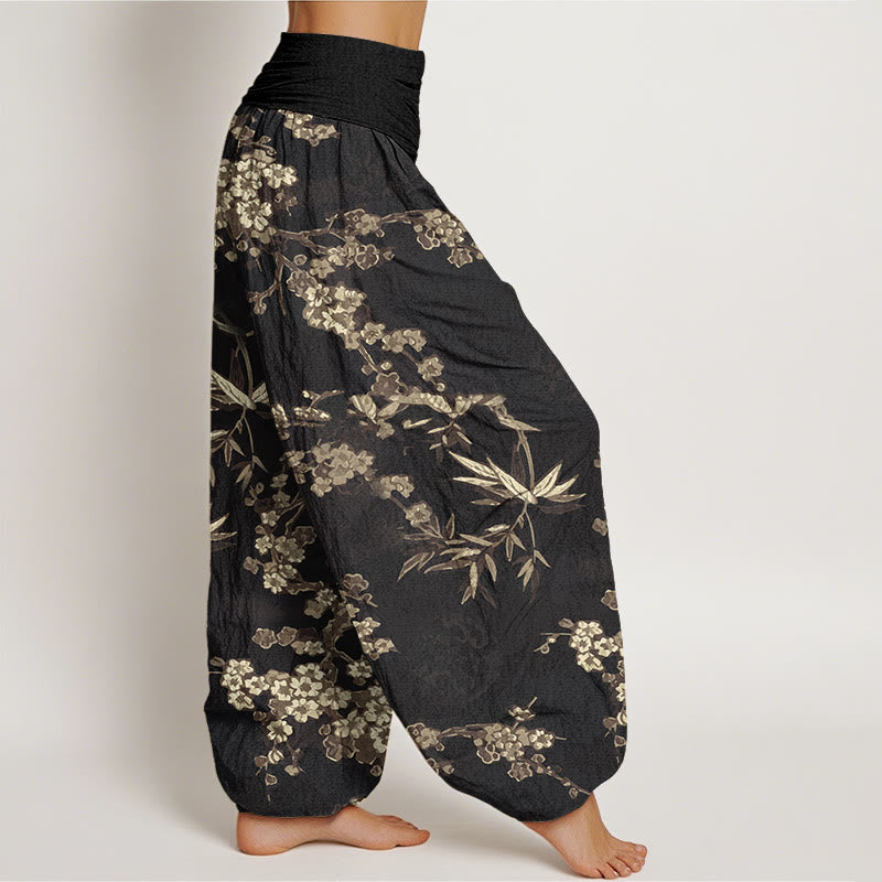 Cotton White Sakura Flower Pattern Women's Elastic Waist Harem Pants