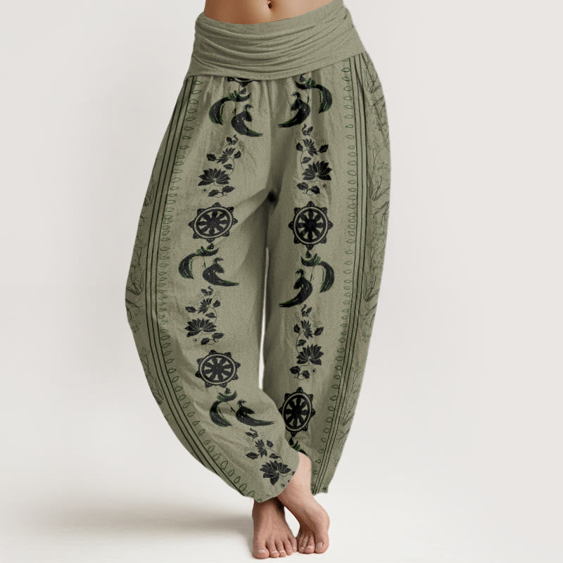 Cotton Dharma Wheel Lotus OM Pattern Women's Elastic Waist Harem Pants