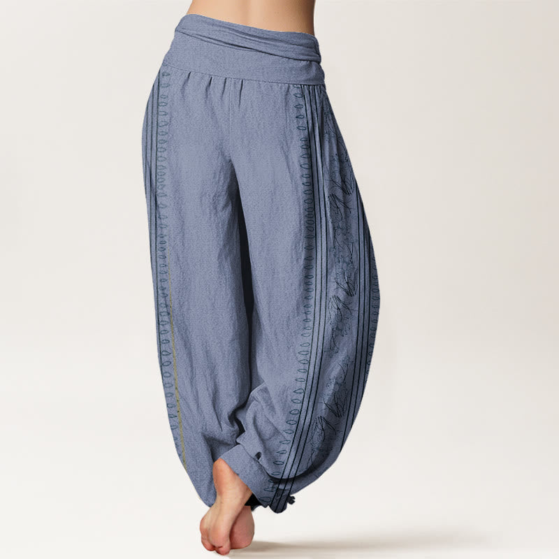 Cotton Dharma Wheel Lotus OM Pattern Women's Elastic Waist Harem Pants