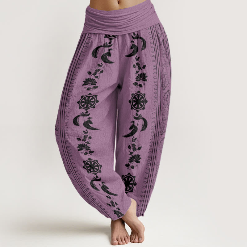 Cotton Dharma Wheel Lotus OM Pattern Women's Elastic Waist Harem Pants