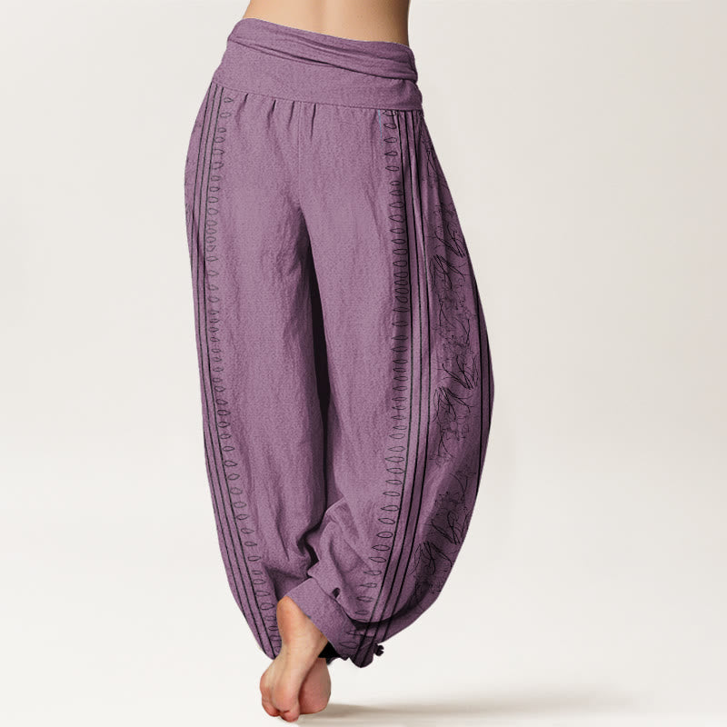 Cotton Dharma Wheel Lotus OM Pattern Women's Elastic Waist Harem Pants