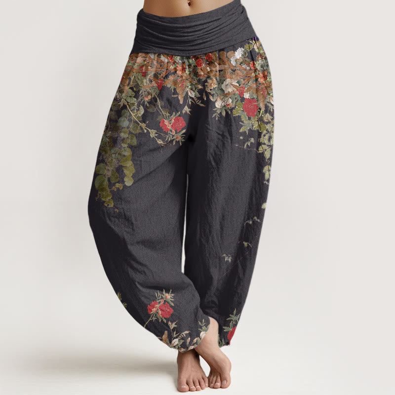 Cotton Casual Red Peony Flower Vine Design Women's Elastic Waist Harem Pants