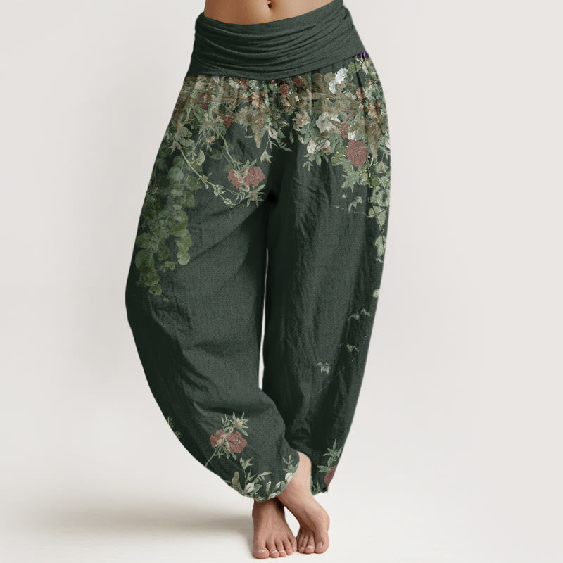 Cotton Casual Red Peony Flower Vine Design Women's Elastic Waist Harem Pants