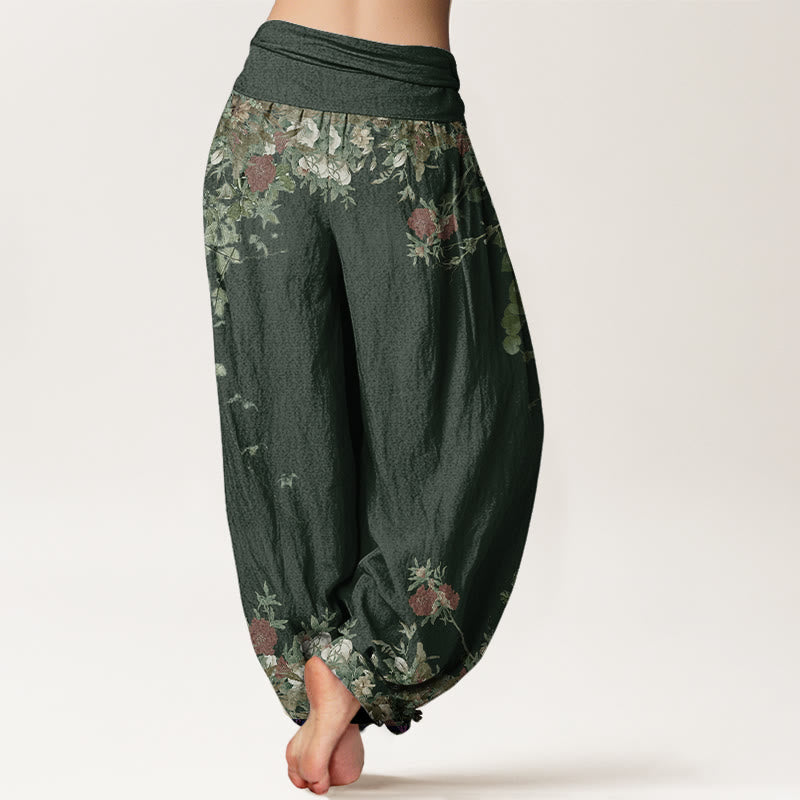 Cotton Casual Red Peony Flower Vine Design Women's Elastic Waist Harem Pants