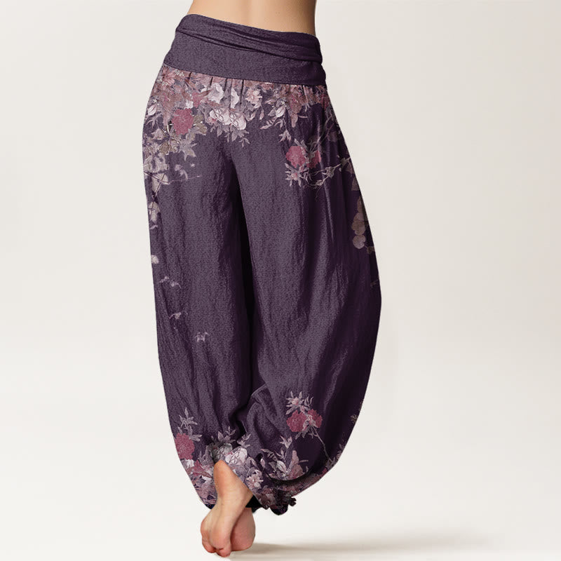 Cotton Casual Red Peony Flower Vine Design Women's Elastic Waist Harem Pants