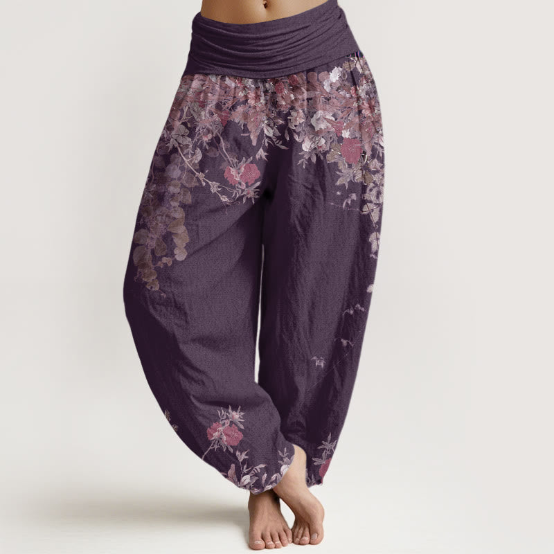 Cotton Casual Red Peony Flower Vine Design Women's Elastic Waist Harem Pants