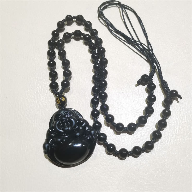 Natural Black Obsidian Ice Obsidian Laughing Buddha Purification Necklace Pendant