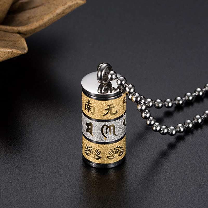 Tibetan Om Mani Padme Hum Lotus Pattern Prayer Wheel Titanium Steel Peace Necklace Pendant