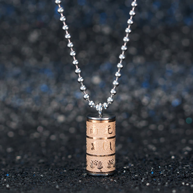 Tibetan Om Mani Padme Hum Lotus Pattern Prayer Wheel Titanium Steel Peace Necklace Pendant