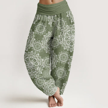 Cotton Casual White Mandala Flower Design Women's Elastic Waist Harem Pants