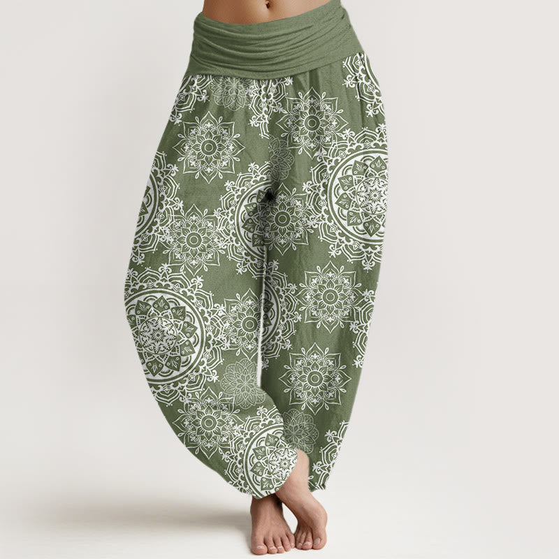 Cotton Casual White Mandala Flower Design Women's Elastic Waist Harem Pants