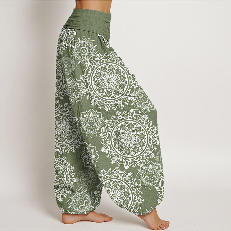 Cotton Casual White Mandala Flower Design Women's Elastic Waist Harem Pants