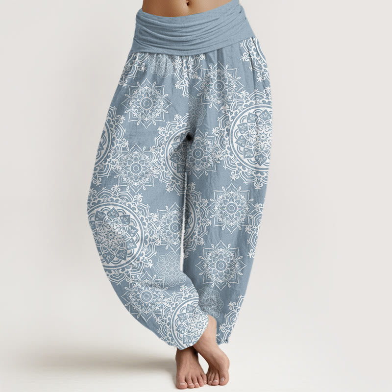 Cotton Casual White Mandala Flower Design Women's Elastic Waist Harem Pants
