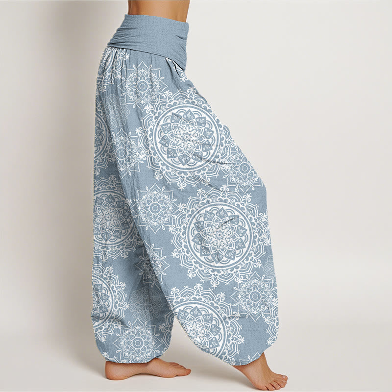 Cotton Casual White Mandala Flower Design Women's Elastic Waist Harem Pants