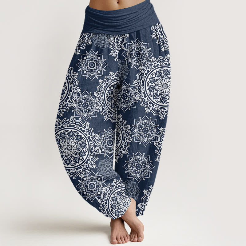 Cotton Casual White Mandala Flower Design Women's Elastic Waist Harem Pants