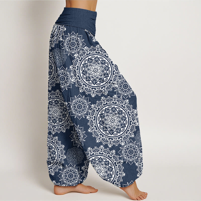 Cotton Casual White Mandala Flower Design Women's Elastic Waist Harem Pants