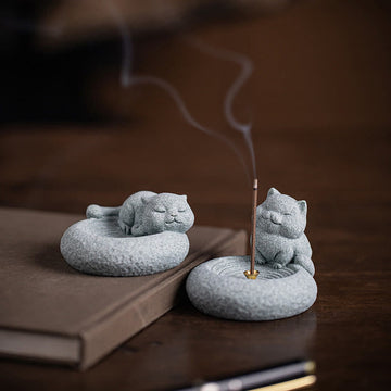 Ceramic Cat Incense Burner, Standing & Lazy Designs with Green Goldstone Infusion