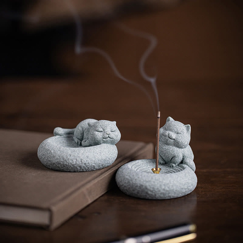 Ceramic Cat Incense Burner, Standing & Lazy Designs with Green Goldstone Infusion