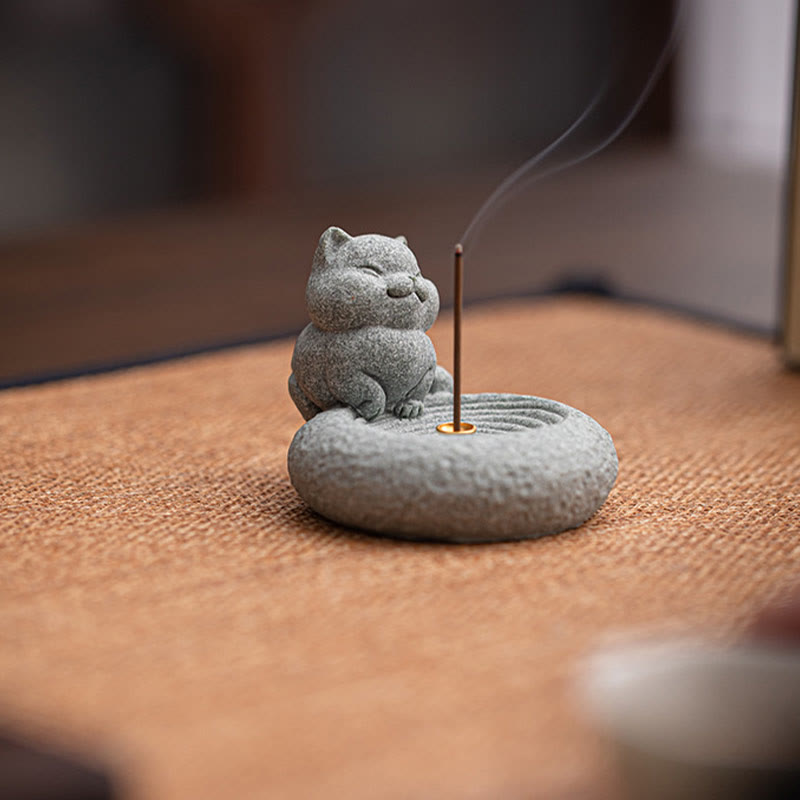 Ceramic Cat Incense Burner, Standing & Lazy Designs with Green Goldstone Infusion