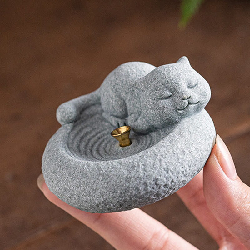 Ceramic Cat Incense Burner, Standing & Lazy Designs with Green Goldstone Infusion