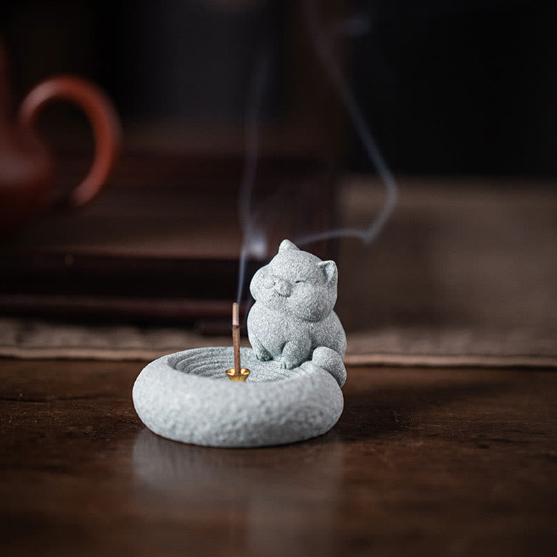 Ceramic Cat Incense Burner, Standing & Lazy Designs with Green Goldstone Infusion