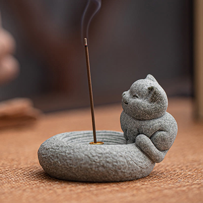 Ceramic Cat Incense Burner, Standing & Lazy Designs with Green Goldstone Infusion