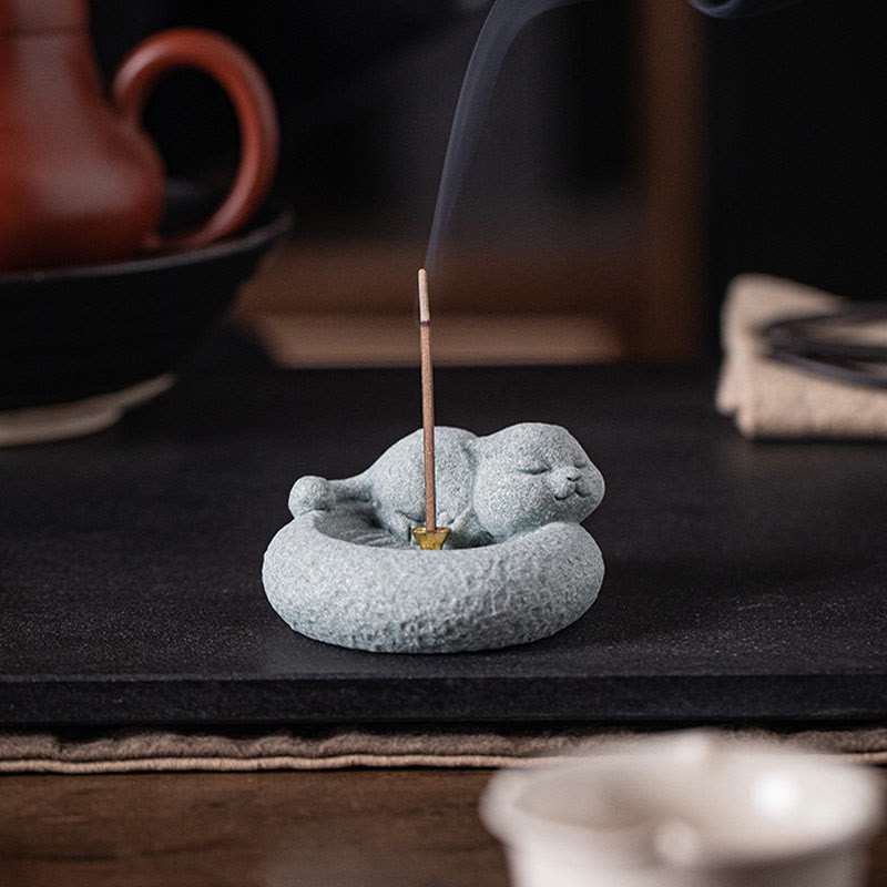 Ceramic Cat Incense Burner, Standing & Lazy Designs with Green Goldstone Infusion