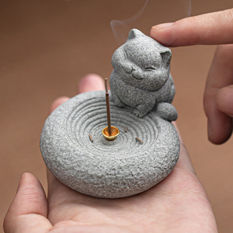 Ceramic Cat Incense Burner, Standing & Lazy Designs with Green Goldstone Infusion