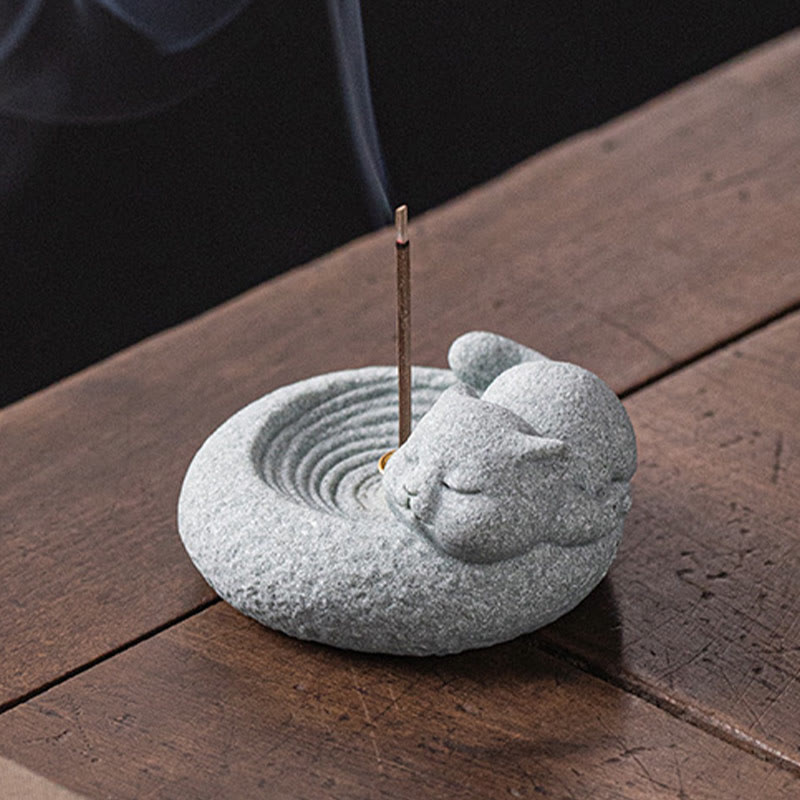 Ceramic Cat Incense Burner, Standing & Lazy Designs with Green Goldstone Infusion
