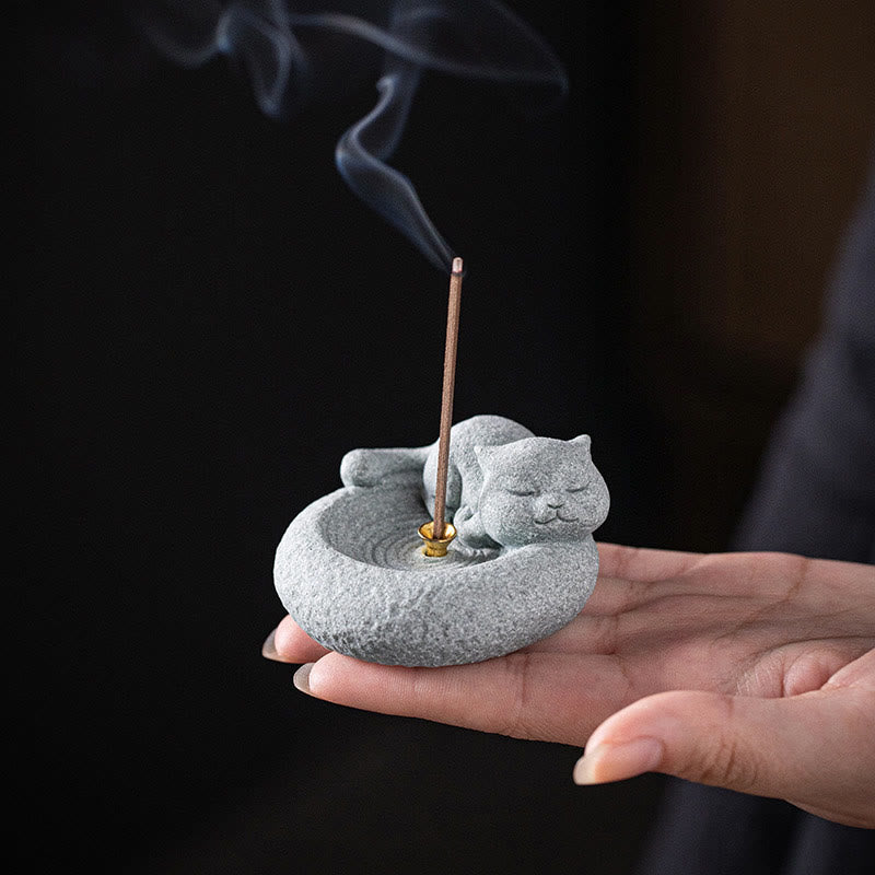 Ceramic Cat Incense Burner, Standing & Lazy Designs with Green Goldstone Infusion