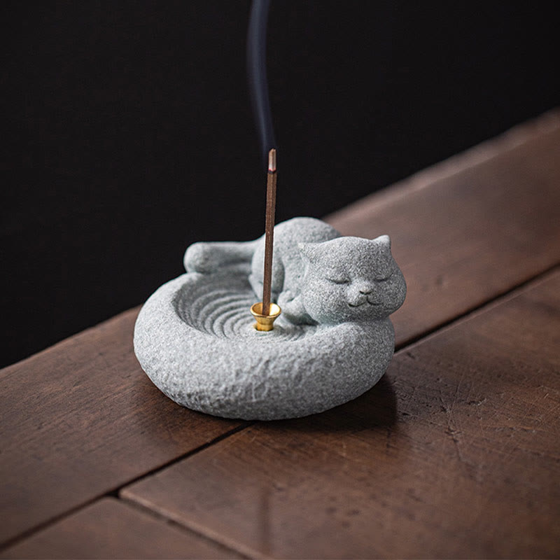 Ceramic Cat Incense Burner, Standing & Lazy Designs with Green Goldstone Infusion