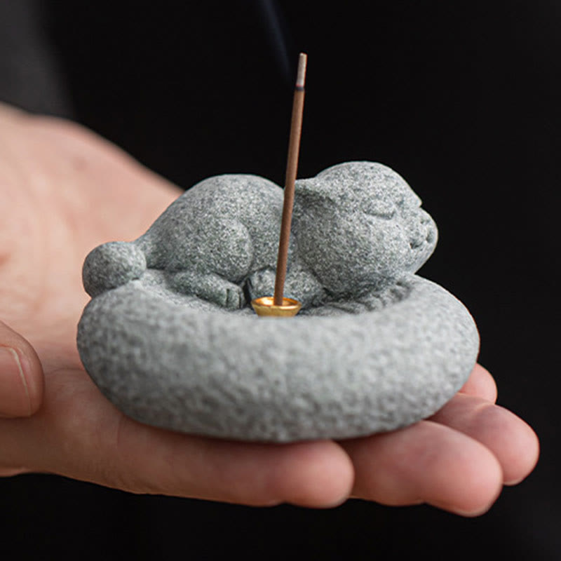 Ceramic Cat Incense Burner, Standing & Lazy Designs with Green Goldstone Infusion