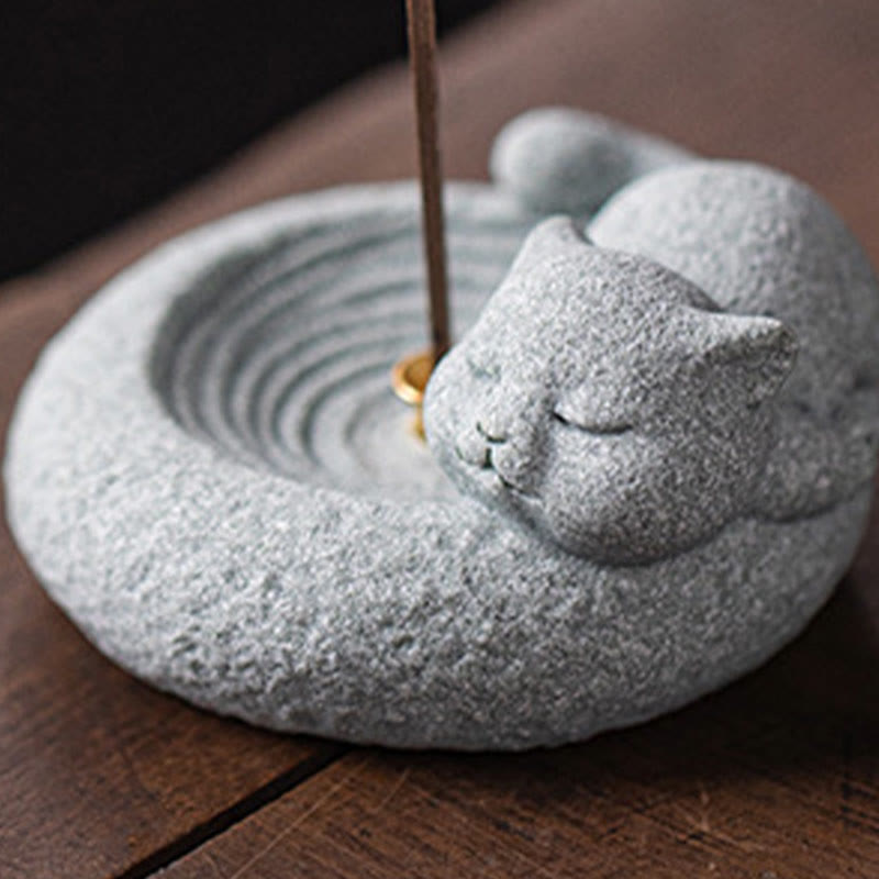 Ceramic Cat Incense Burner, Standing & Lazy Designs with Green Goldstone Infusion