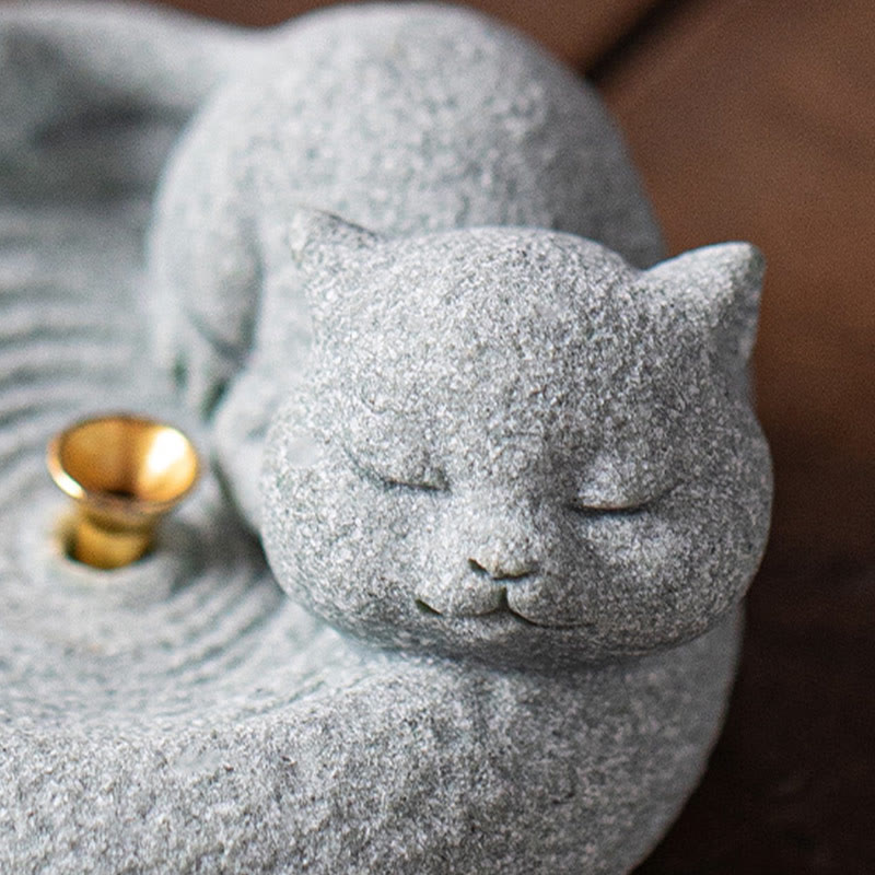 Ceramic Cat Incense Burner, Standing & Lazy Designs with Green Goldstone Infusion