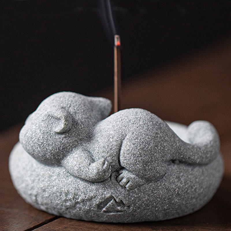 Ceramic Cat Incense Burner, Standing & Lazy Designs with Green Goldstone Infusion