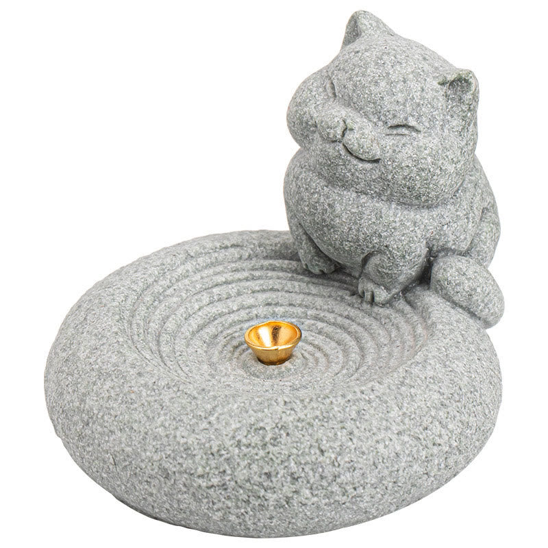 Ceramic Cat Incense Burner, Standing & Lazy Designs with Green Goldstone Infusion
