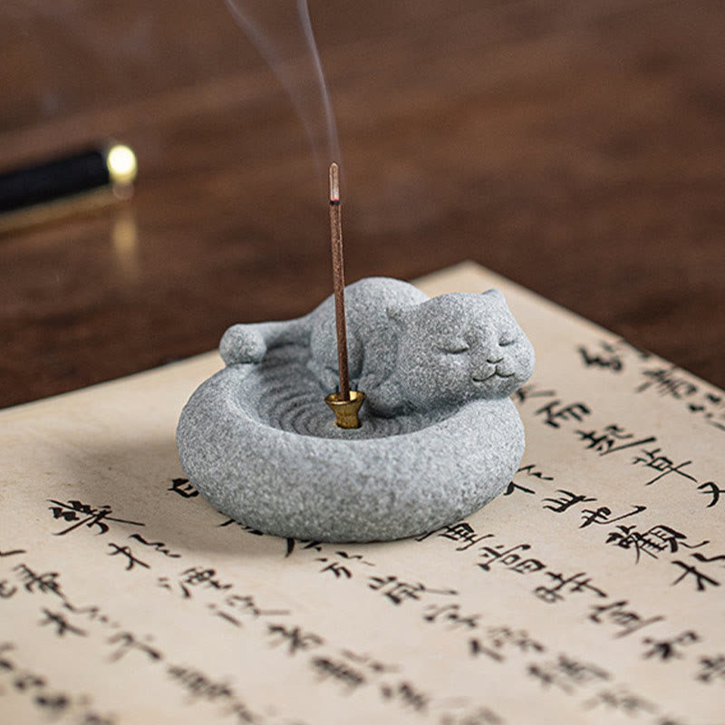 Ceramic Cat Incense Burner, Standing & Lazy Designs with Green Goldstone Infusion