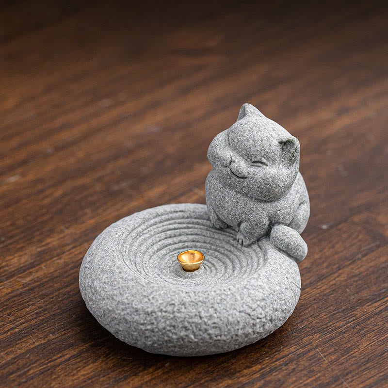 Ceramic Cat Incense Burner, Standing & Lazy Designs with Green Goldstone Infusion