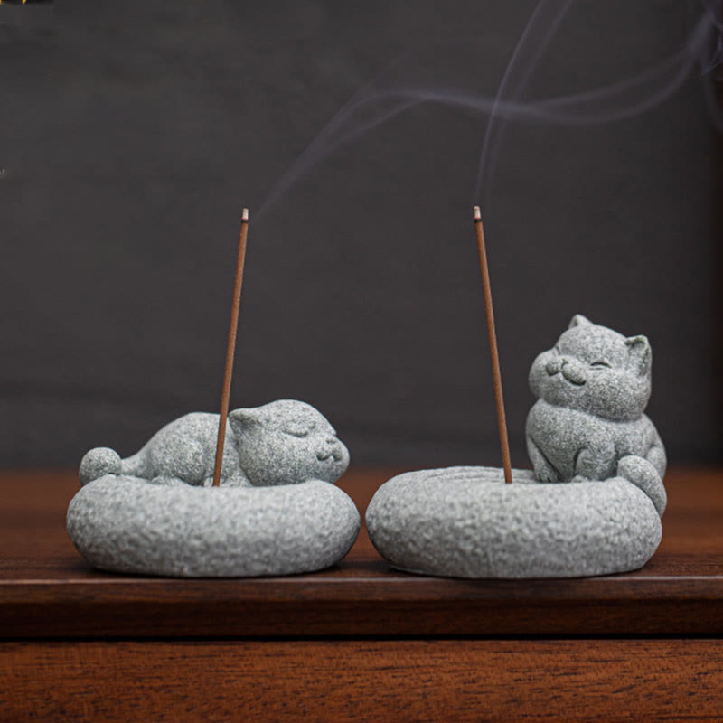 Ceramic Cat Incense Burner, Standing & Lazy Designs with Green Goldstone Infusion
