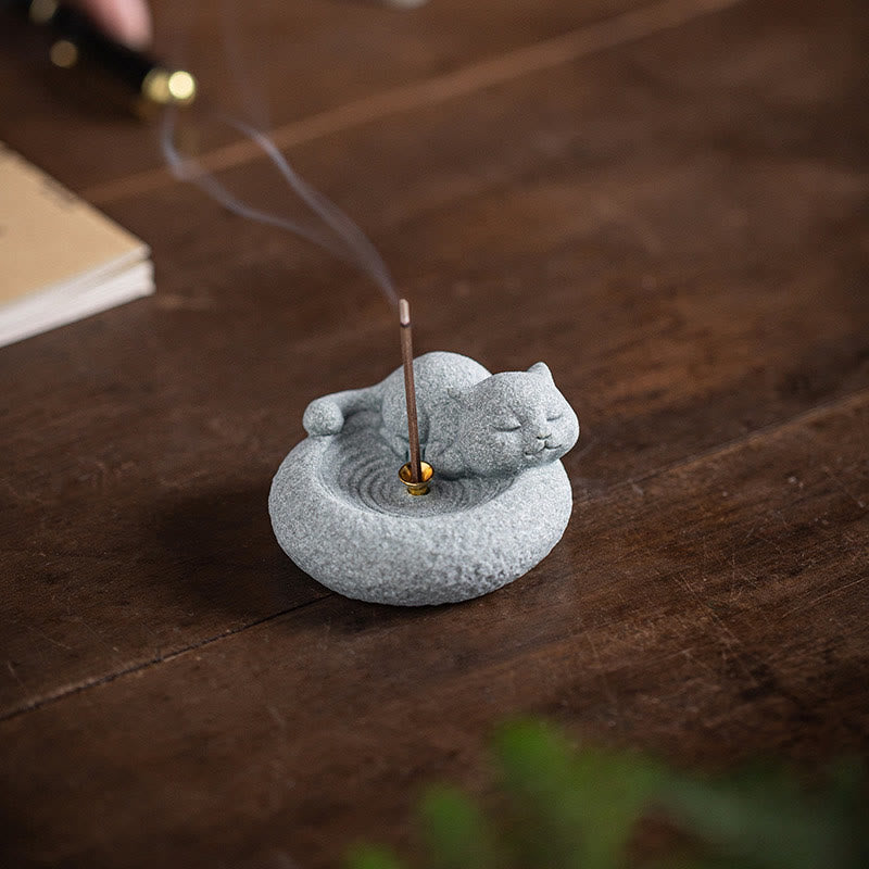 Ceramic Cat Incense Burner, Standing & Lazy Designs with Green Goldstone Infusion