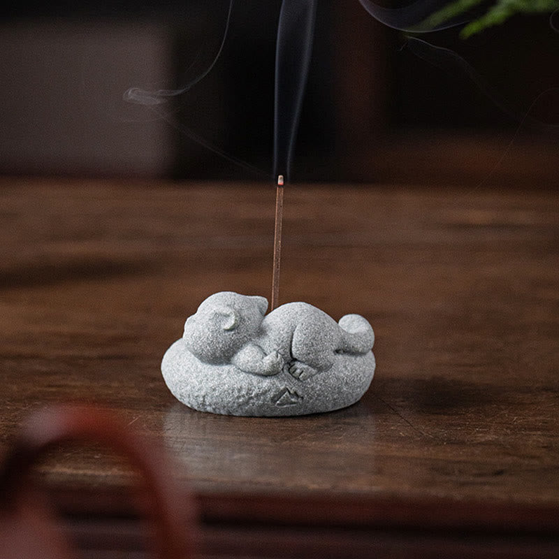 Ceramic Cat Incense Burner, Standing & Lazy Designs with Green Goldstone Infusion