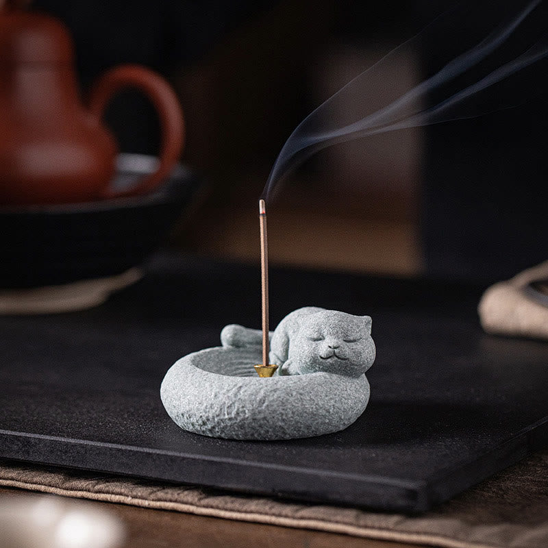 Ceramic Cat Incense Burner, Standing & Lazy Designs with Green Goldstone Infusion
