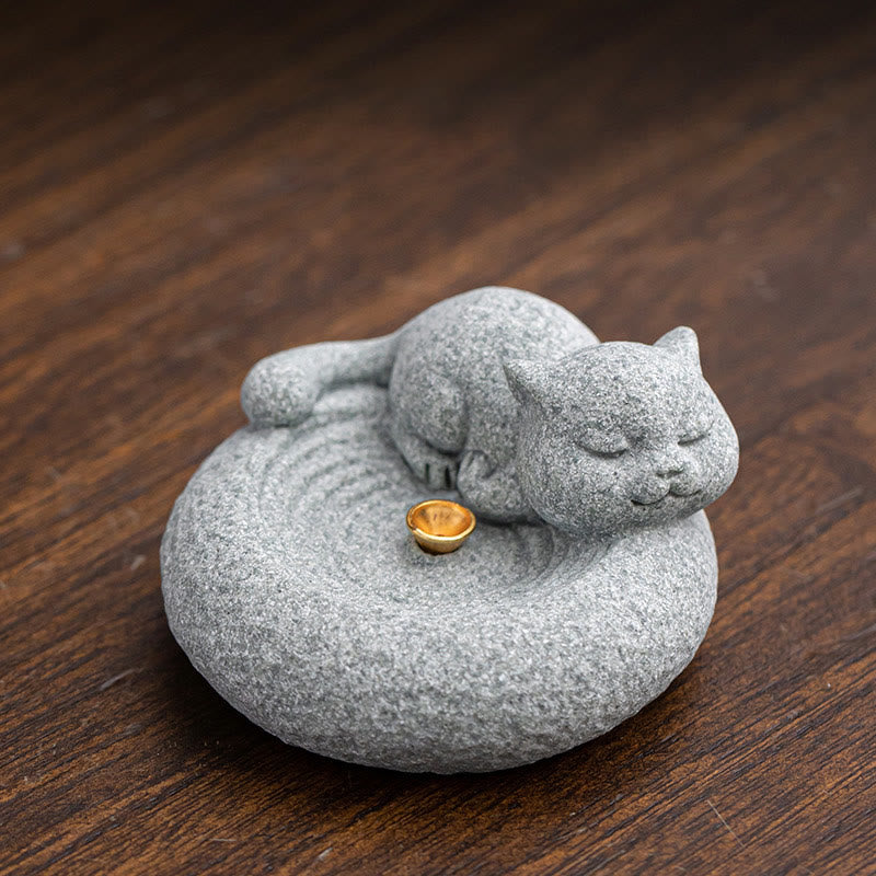 Ceramic Cat Incense Burner, Standing & Lazy Designs with Green Goldstone Infusion