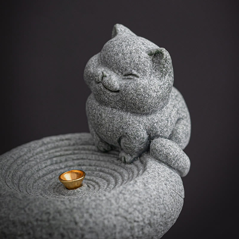 Ceramic Cat Incense Burner, Standing & Lazy Designs with Green Goldstone Infusion
