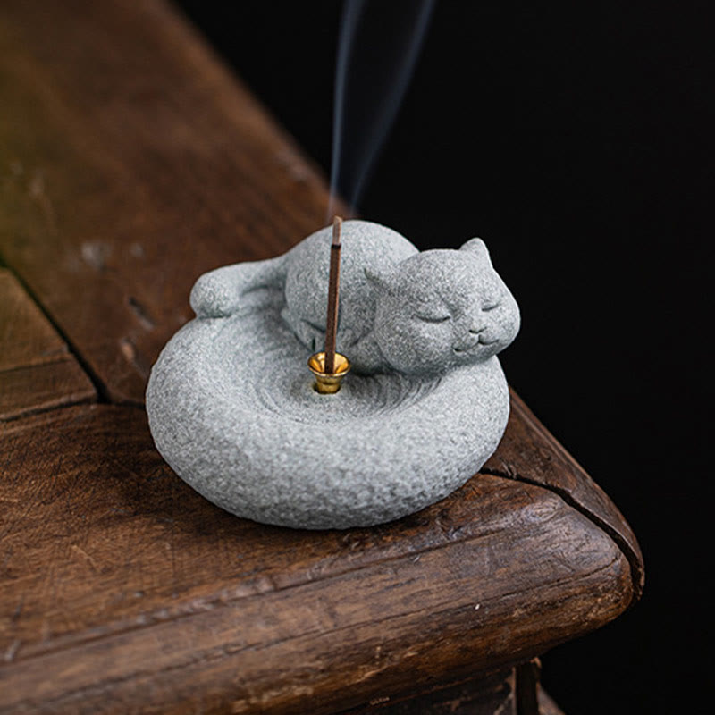 Ceramic Cat Incense Burner, Standing & Lazy Designs with Green Goldstone Infusion