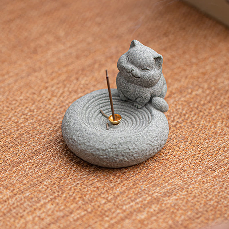 Ceramic Cat Incense Burner, Standing & Lazy Designs with Green Goldstone Infusion