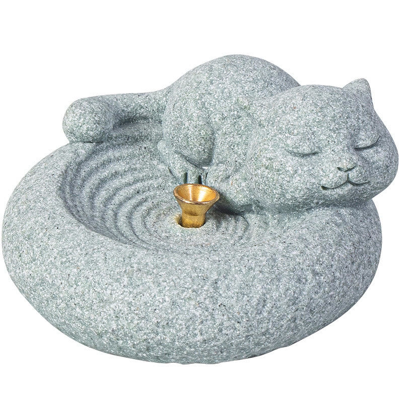 Ceramic Cat Incense Burner, Standing & Lazy Designs with Green Goldstone Infusion
