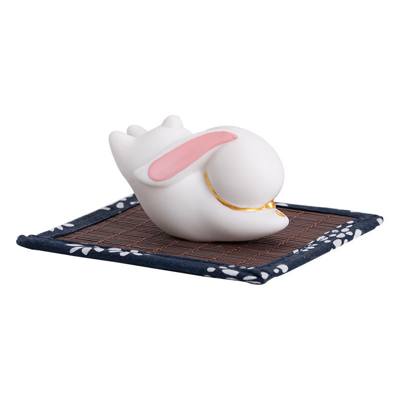 Whimsical Flying Rabbit Ceramic Incense Burner with Bamboo Mat Desk Decoration